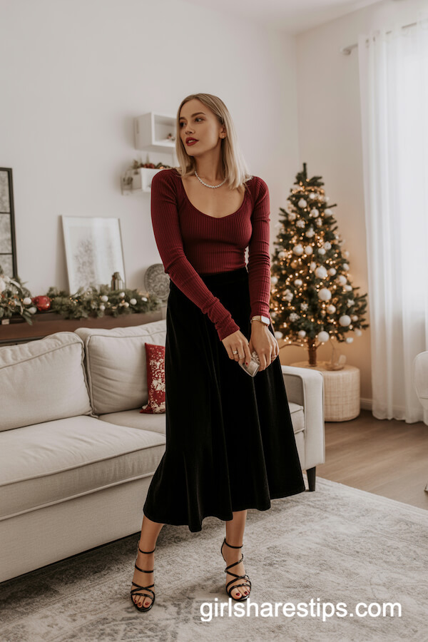 Velvet Skirt with Festive Knit Top and Sparkle Accessories