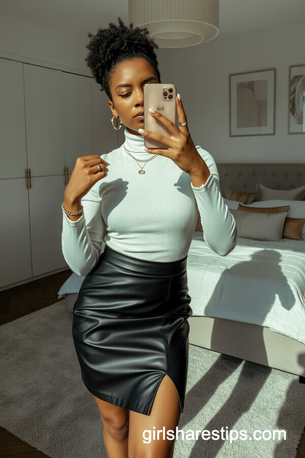 Chic Faux Leather Skirt and Ribbed Turtleneck Combo