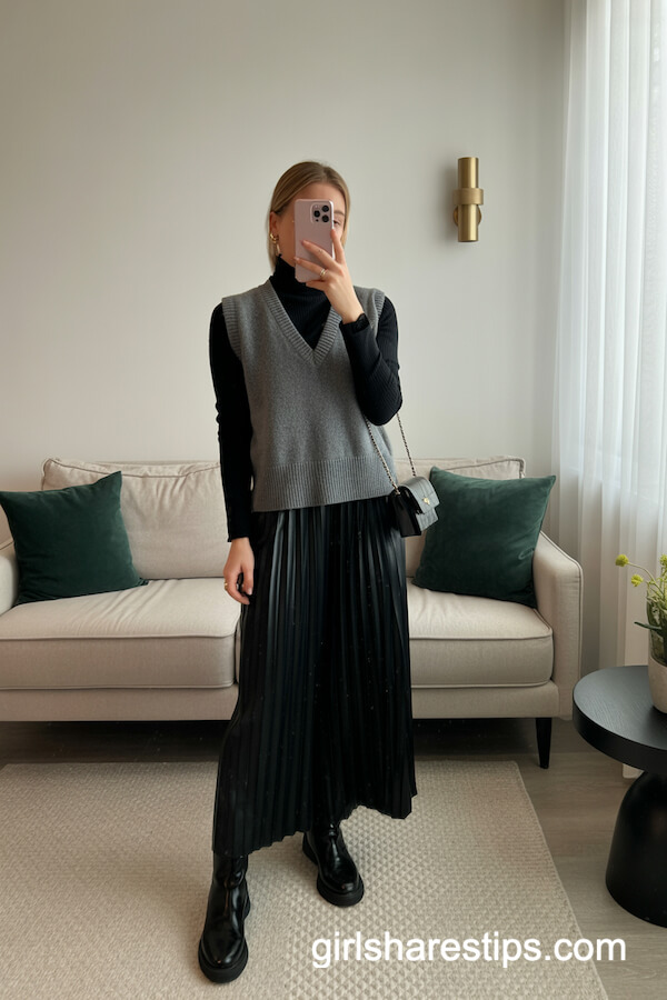 Turtleneck, Sweater Vest, and Pleated Maxi Skirt Layers