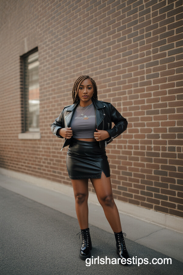 Edgy Mini Skirt with Moto Jacket and Graphic Tee