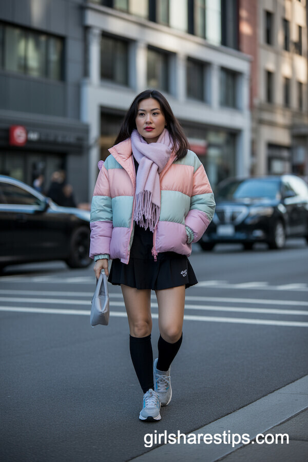 Sporty Black Athletic Skirt and Puffer Jacket Look