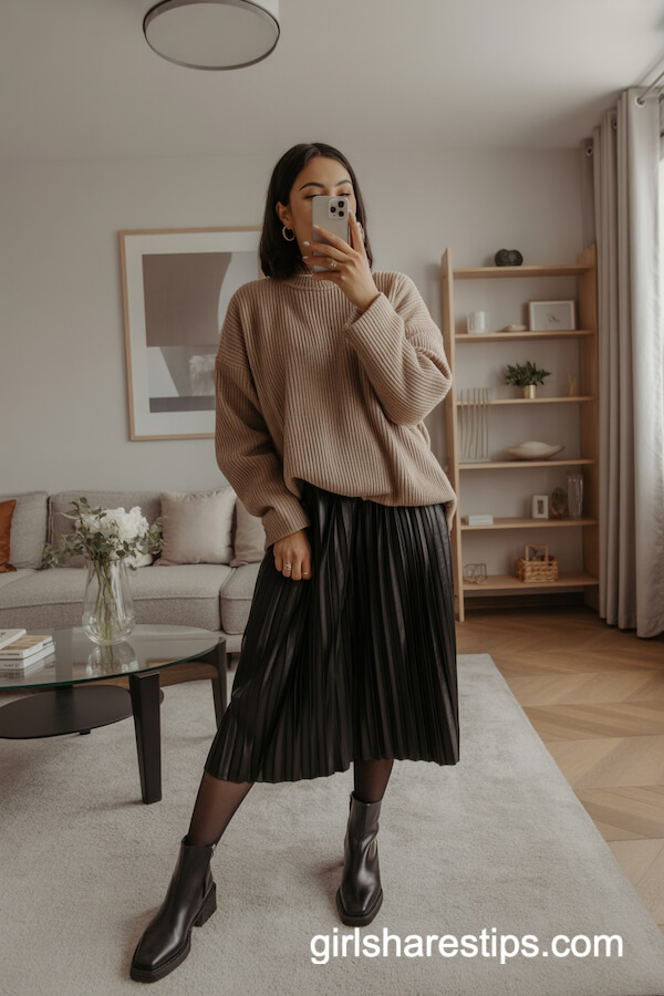 Pleated Midi Skirt with Chunky Sweater and Ankle Boots