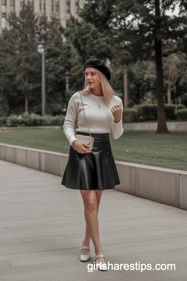 Flared Skirt with Ivory Sweater and Beret Style