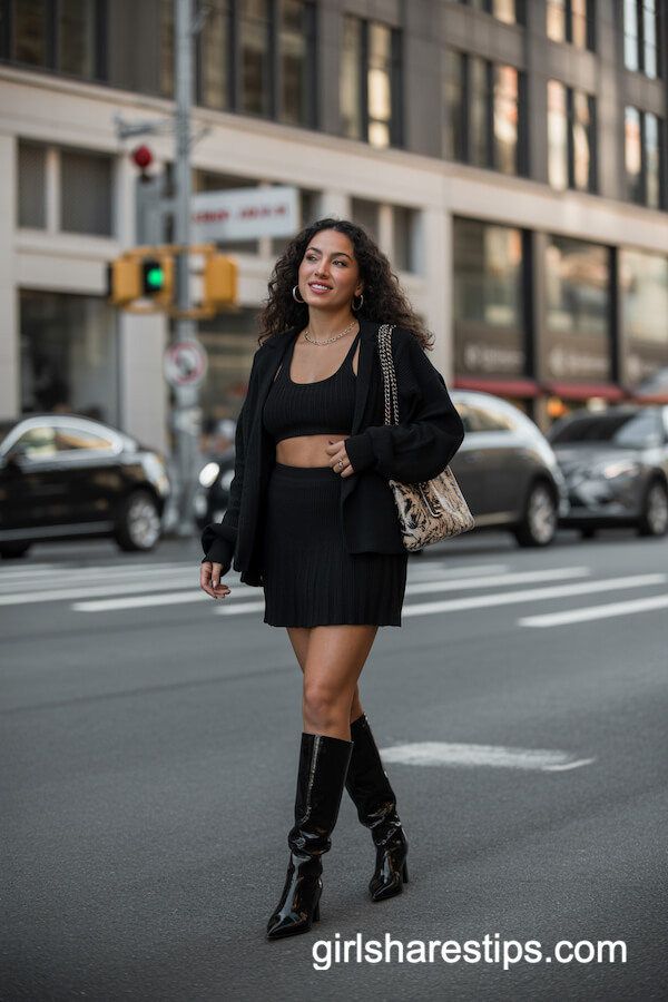 Matching Knit Skirt Set with Knee-High Boots