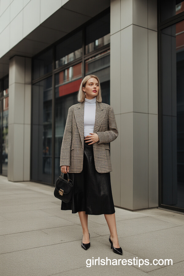 Classic Midi Skirt with Plaid Blazer and Turtleneck