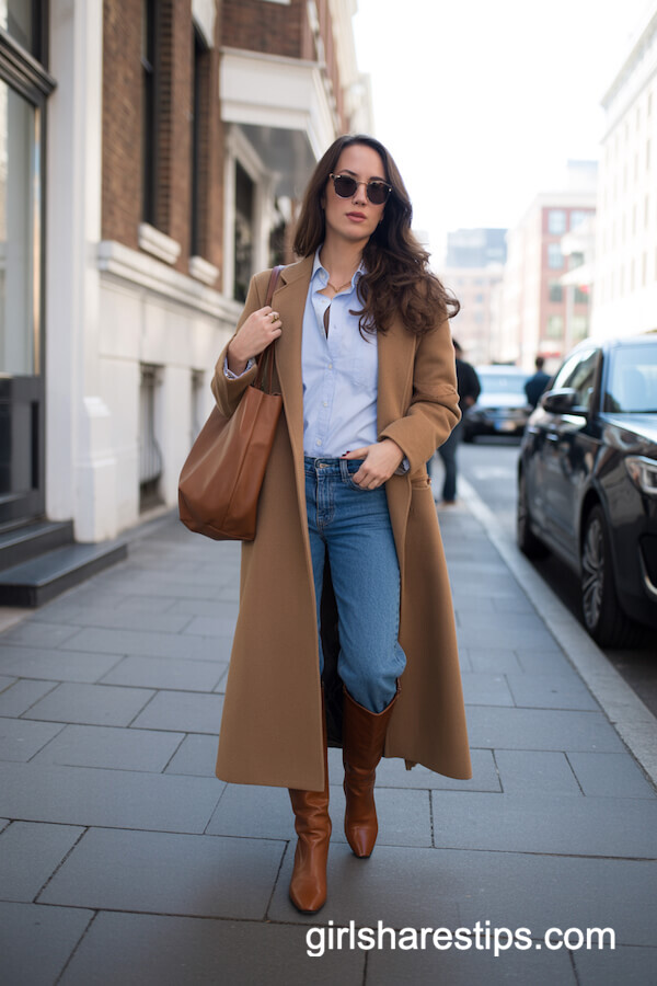 Long Camel Coat, Blue Shirt, and Classic Knee-High Boots