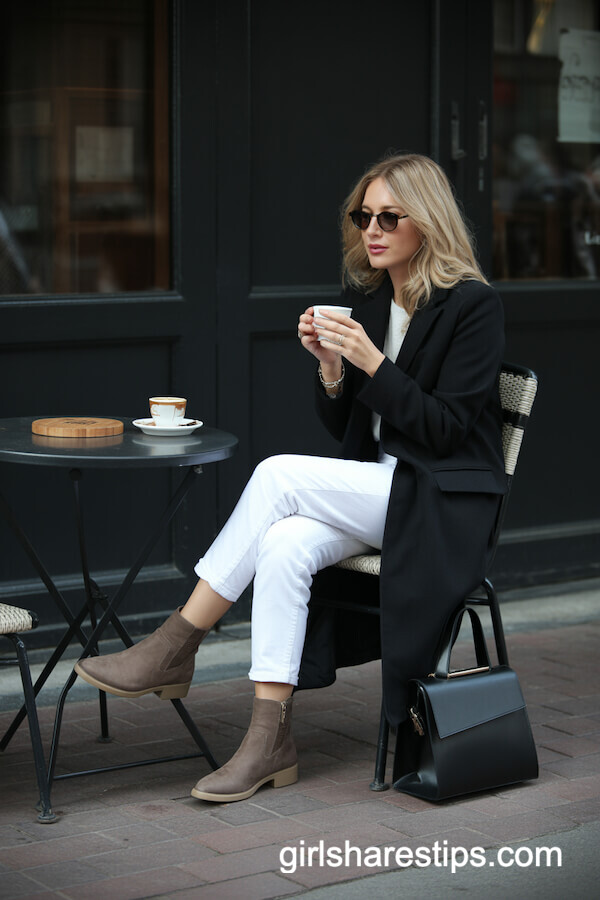 Black Coat, Cropped Pants, and Suede Brown Boots