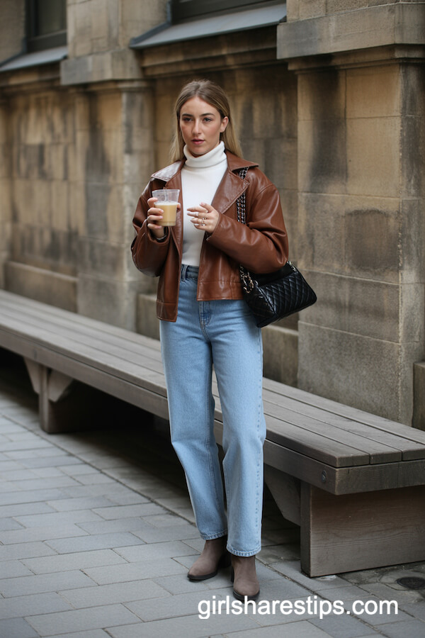 White Turtleneck, Leather Jacket, Jeans, and Ankle Boots