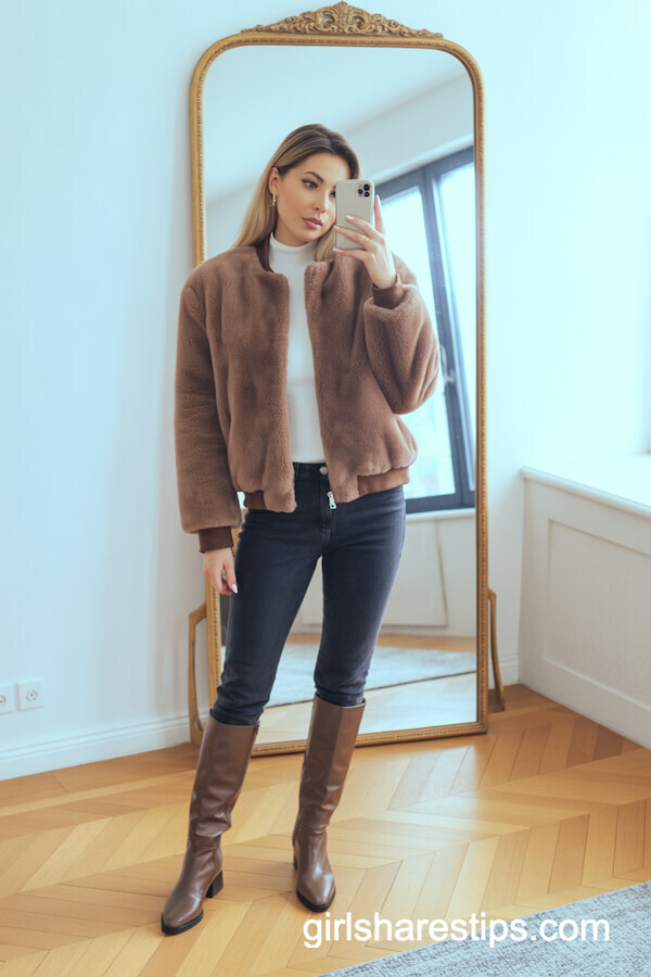 Faux Fur Bomber, Skinny Jeans, and Leather Knee Boots