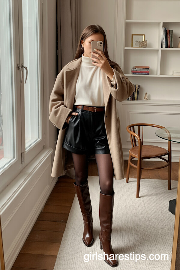 Oversized Wool Coat, Shorts, and Chunky Brown Boots