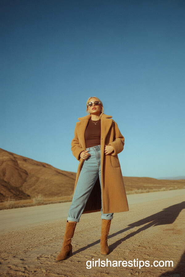 Teddy Bear Coat, Rolled Jeans, and Suede Knee-High Boots