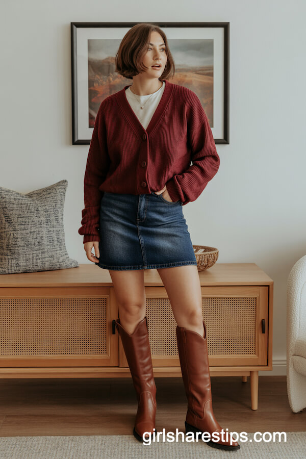 Cardigan, Denim Mini, and Tall Riding Boots