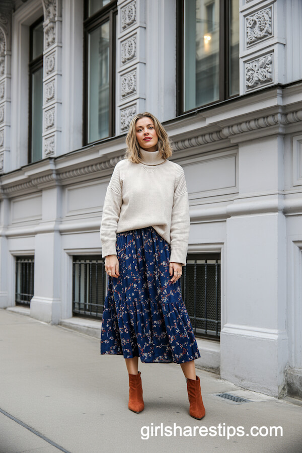 Chunky Knit, Floral Midi Skirt, and Rust Suede Boots