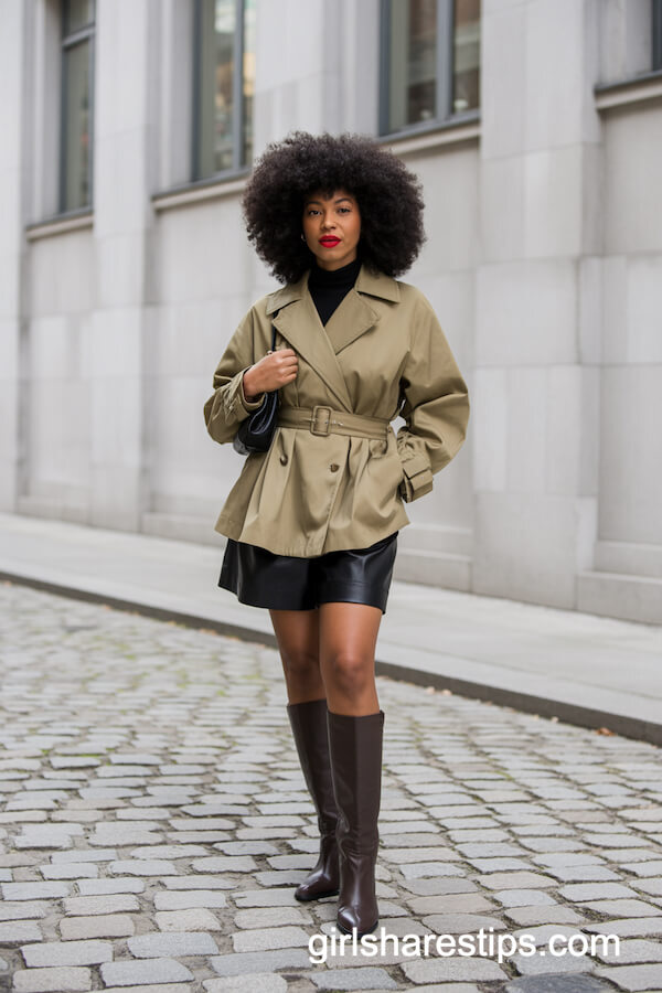 Short Trench, Leather Shorts, and Knee-High Boots