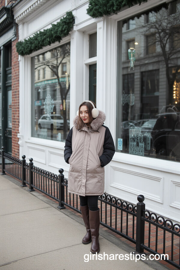 Colorblock Coat, Fur Hood, and Classic Brown Knee Boots