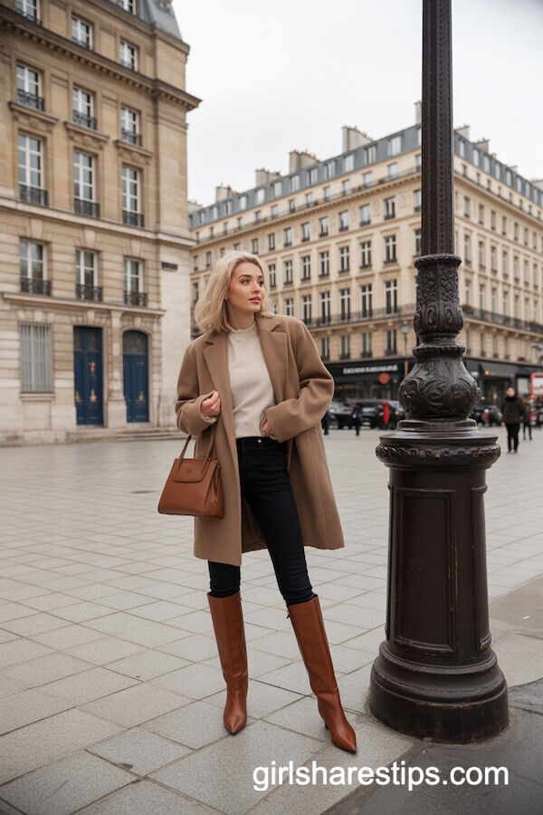 Camel Coat, Skinny Jeans, and Tall Brown Boots