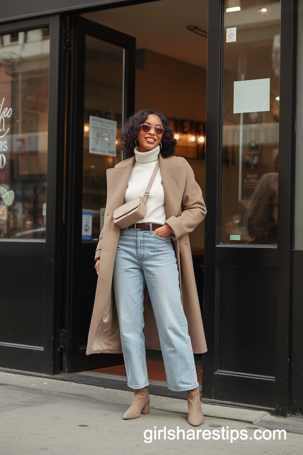 Cream Turtleneck and Belted Coat with Light Wash Jeans
