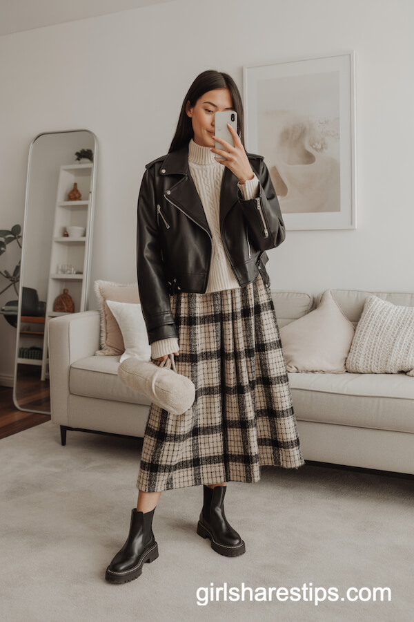 Leather Moto Jacket with Plaid Midi Skirt and Chelsea Boots