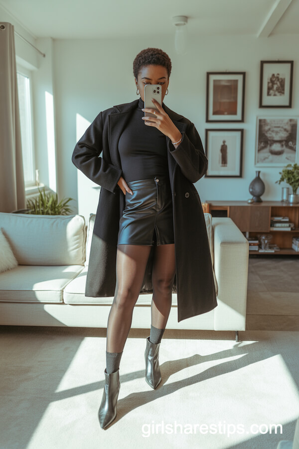 All-Black Turtleneck, Wool Coat, and Skirt Ensemble