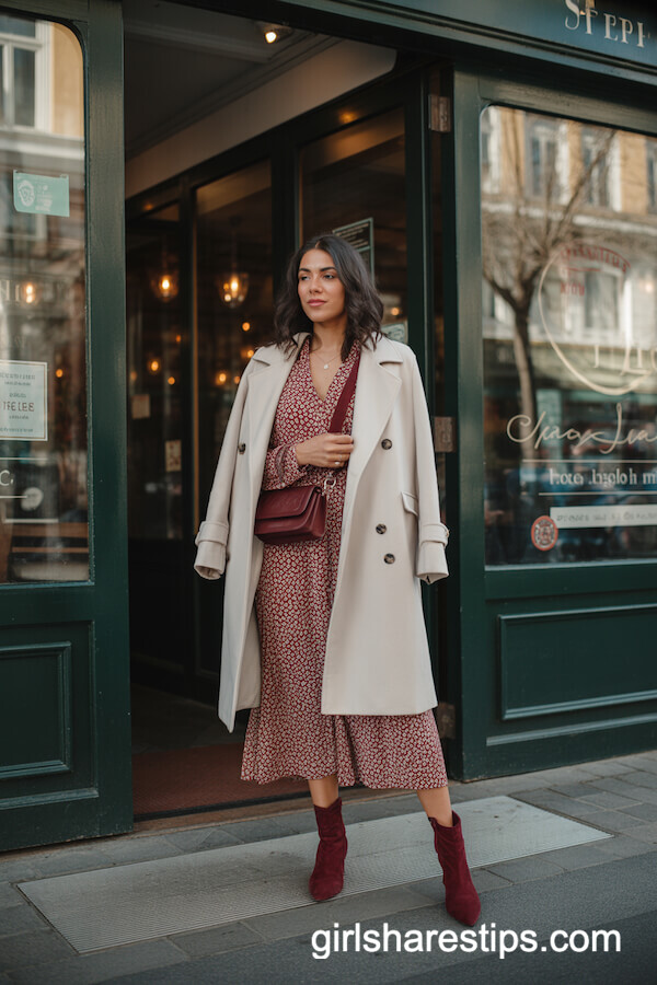 Winter Floral Midi Dress with Cream Wrap Coat