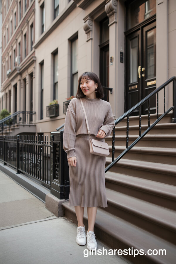 Taupe Knit Set with White Sneakers and Crossbody Bag