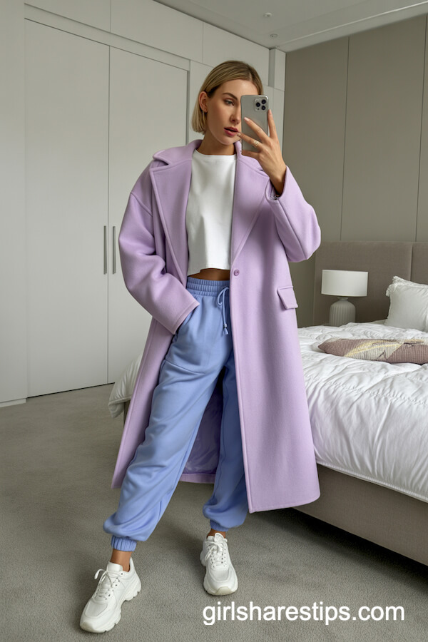 Lilac Wool Coat with Blue Joggers and Chunky Sneakers