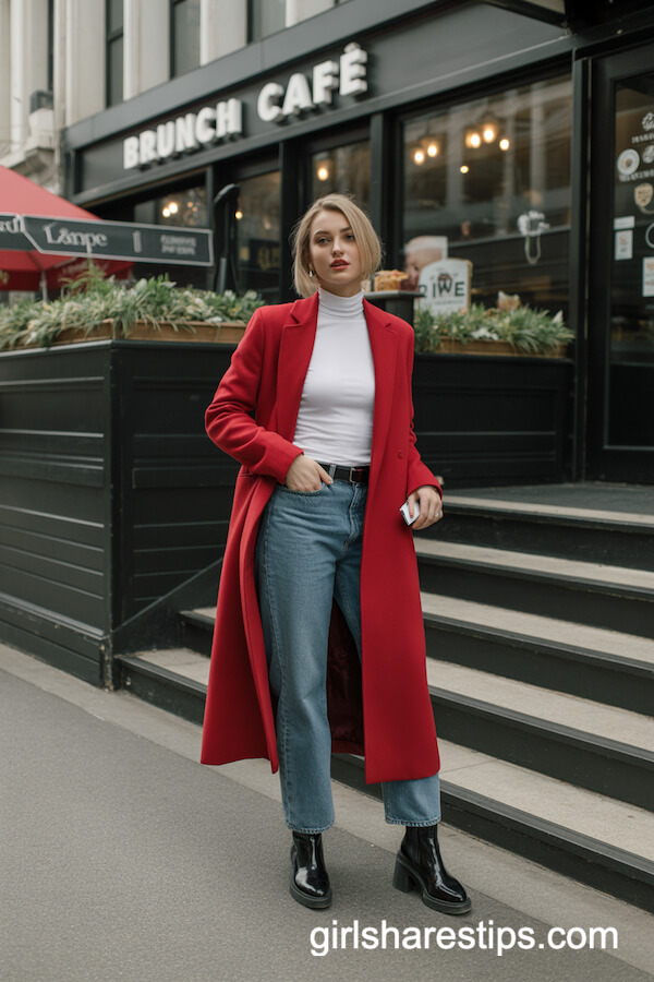 Red Wool Coat, White Turtleneck, and Blue Jeans