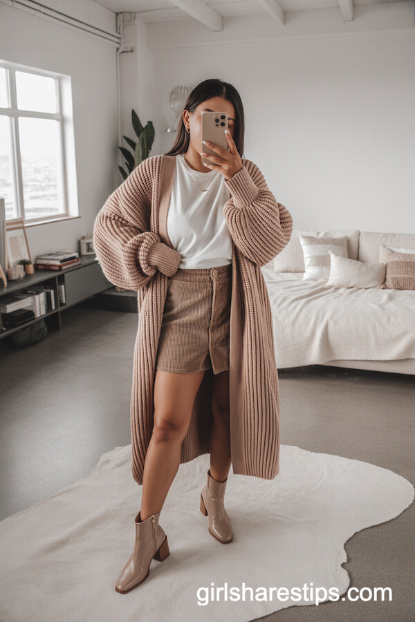 Blush Chunky Cardigan with Corduroy Skirt and Ankle Boots
