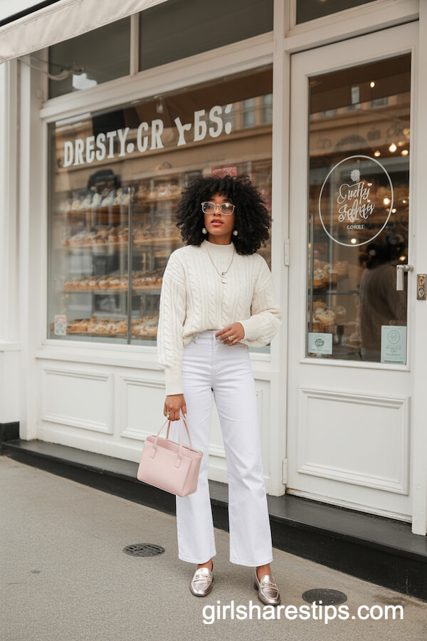 White Cable Sweater and Jeans with Silver Loafers