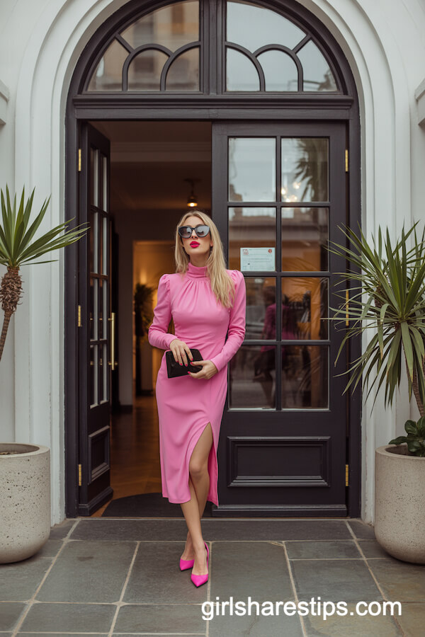 Bright Pink Midi Dress with High Heels and Sunglasses
