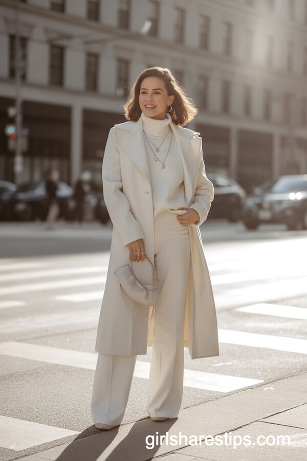 All-White Winter Look with Tailored Coat and Wide-Leg Pants