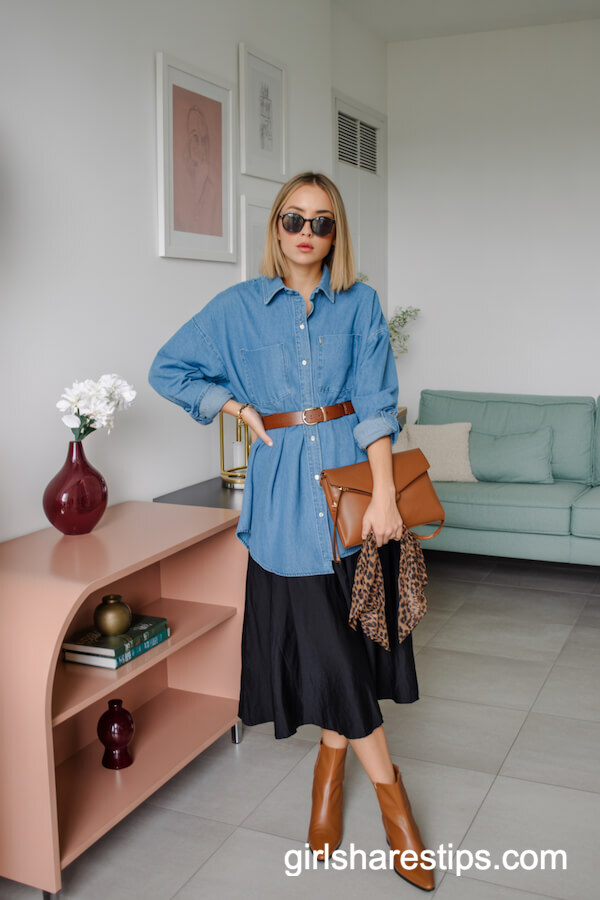 Oversized Denim Shirt and Flowy Midi Skirt with Leopard Scarf