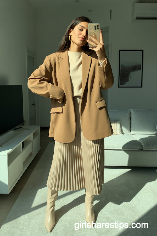Camel Blazer, Cream Pullover, and Pleated Midi Skirt
