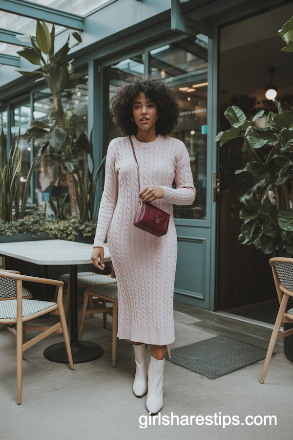 Blush Knit Dress with White Statement Boots