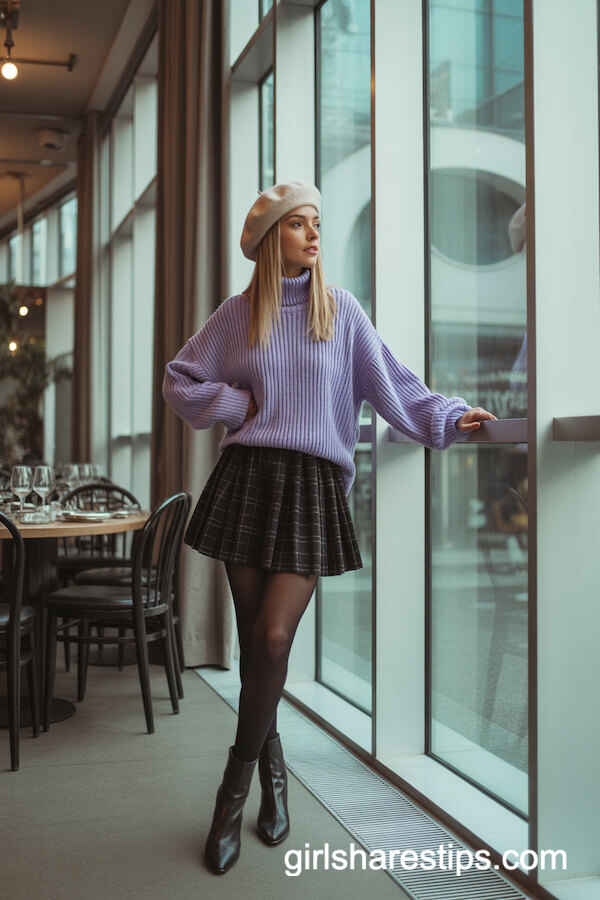 Lilac Turtleneck, Plaid Mini Skirt, and Wool Beret