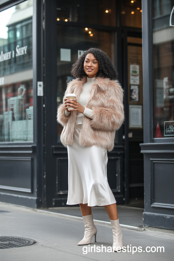 Champagne Faux Fur Jacket and Satin Midi Skirt