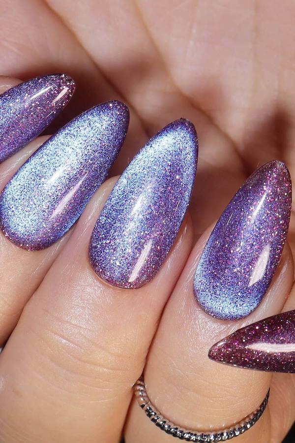 Purple Glitter Cat Eye Nails