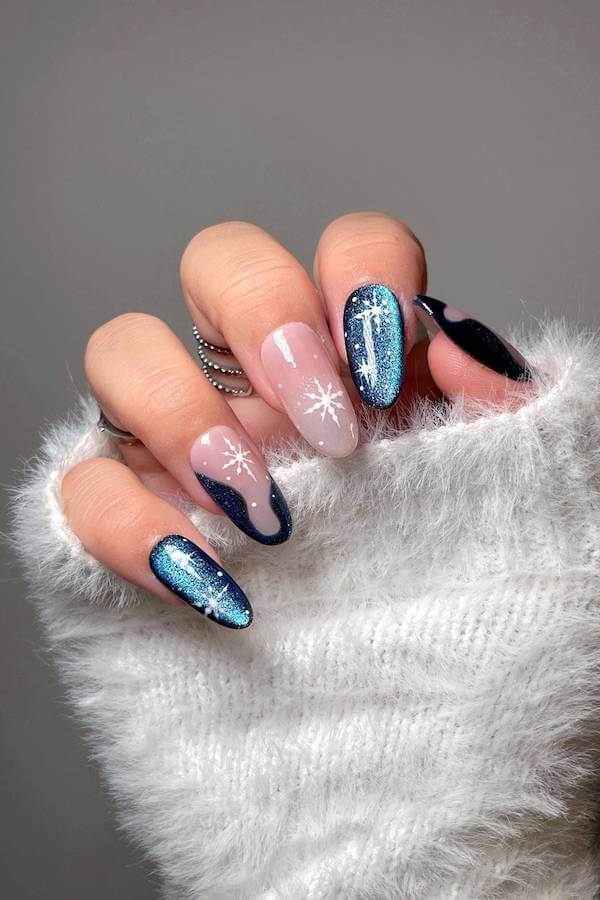 Blue Cat Eye Snowflake Nails