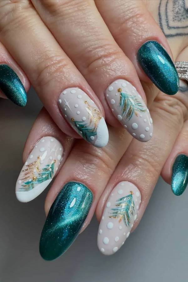 Teal Pine Tree Cat Eye Nails