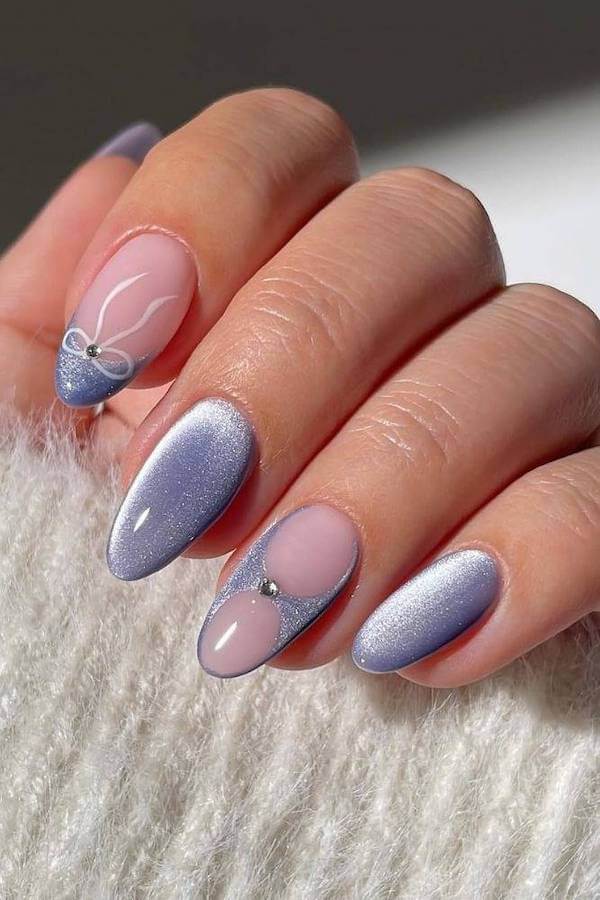 Lavender Cat Eye Nails With Bow