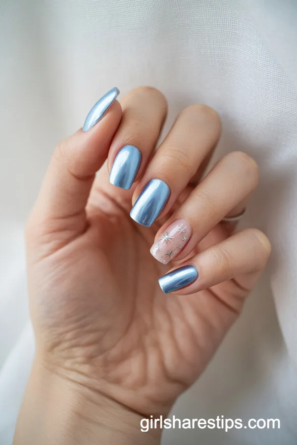 Light Blue Chrome Coffin Nails with Tiny Silver Stars