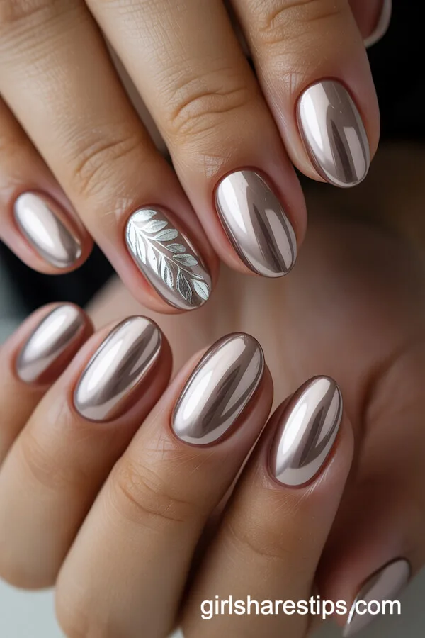 Nude Metallic Chrome Oval Nails with Silver Leaf Accents