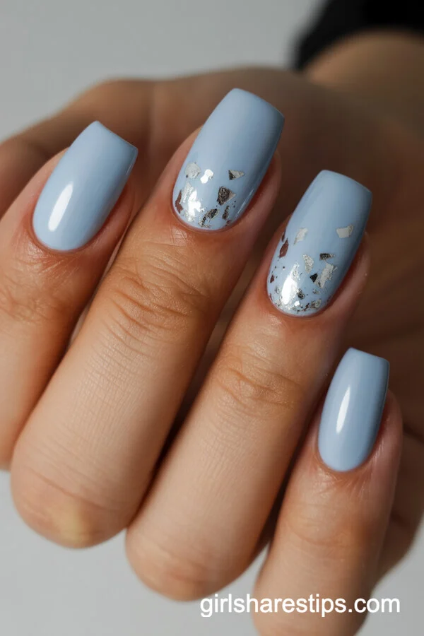 Baby Blue Chrome Square Nails with White Flake Accents