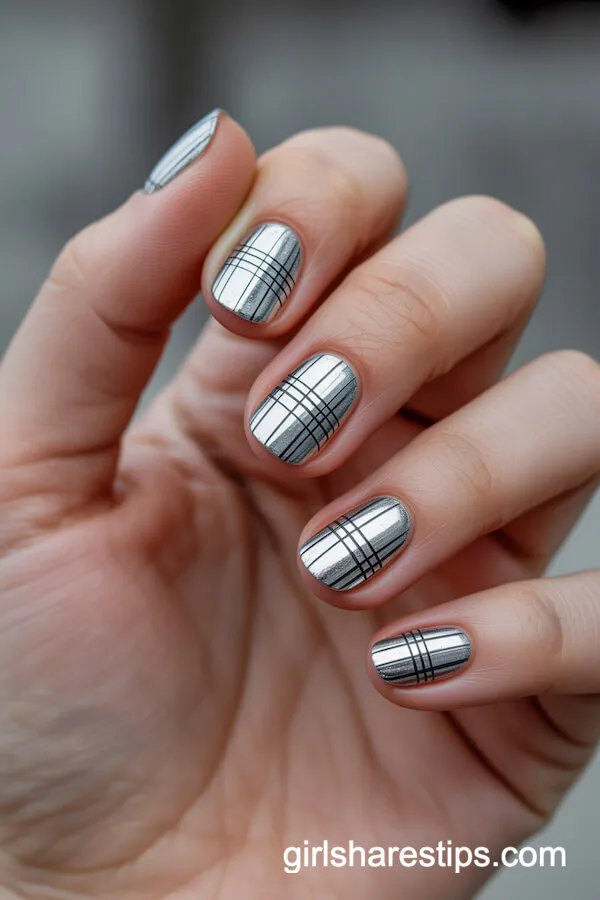 Silver Chrome Round Nails with Subtle Black Plaid Lines