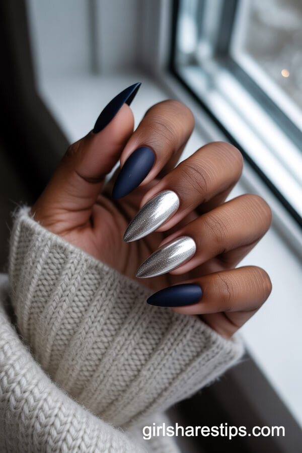 Navy and Silver Chrome Stiletto Nails for Winter Glam