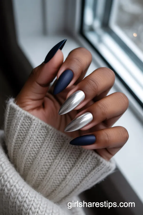 Navy and Silver Chrome Stiletto Nails for Winter Glam