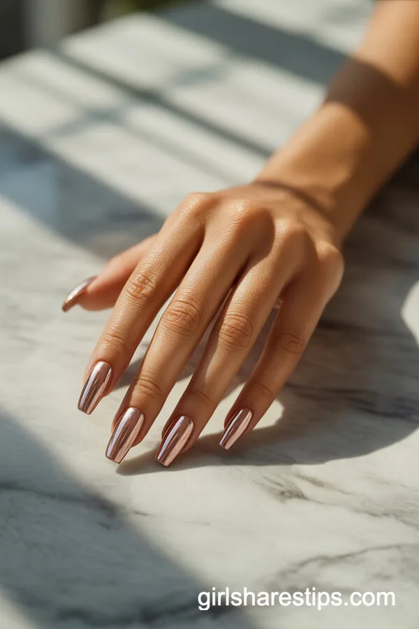 Rose Gold Chrome Coffin Nails: Elegant and Modern