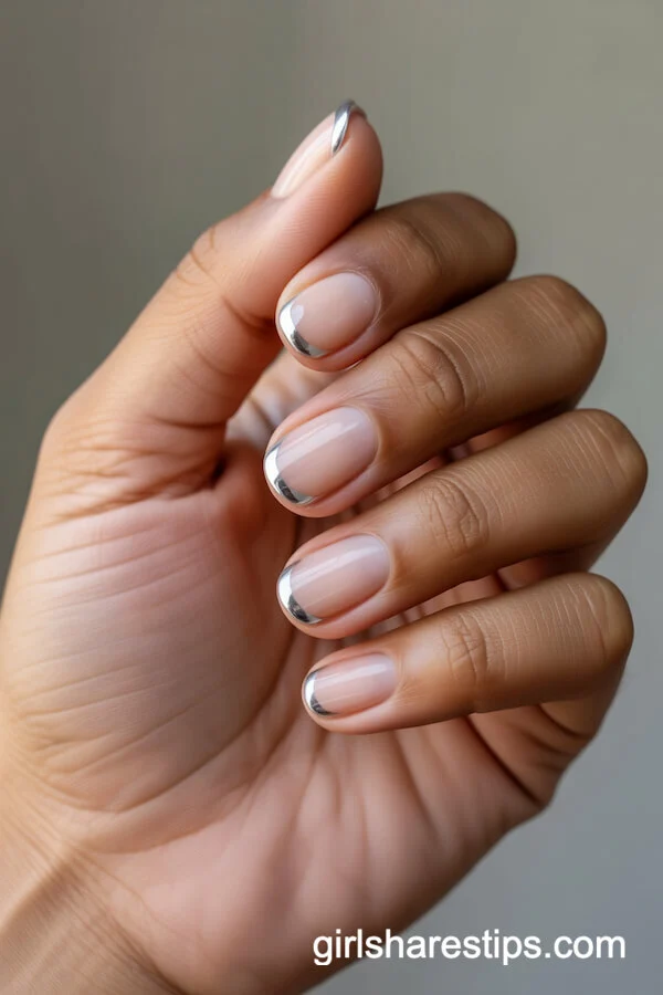 Simple Silver Chrome French Tips on Short Natural Nails