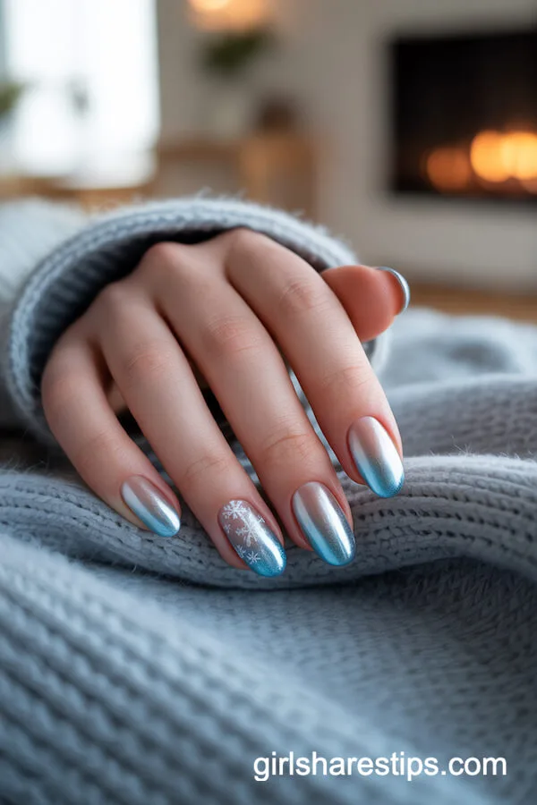 Silver to Icy Blue Chrome Gradient with Snowflake Accents
