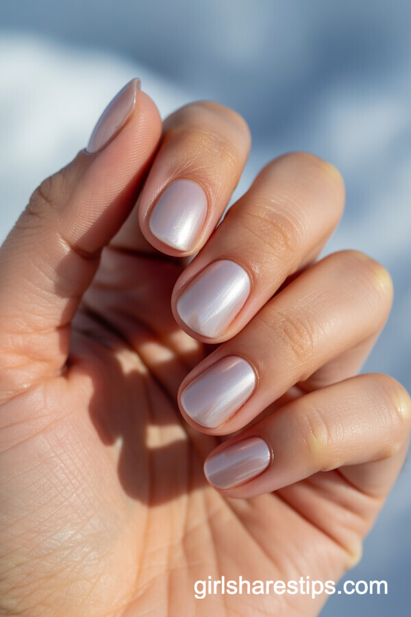Icy Light Pink Chrome Short Nails for a Soft Winter Feel